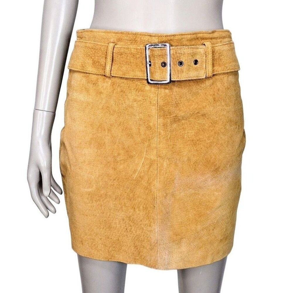 Vintage 80s Gold Suede Leather Belted Short Mini Pencil Skirt Size S/M
